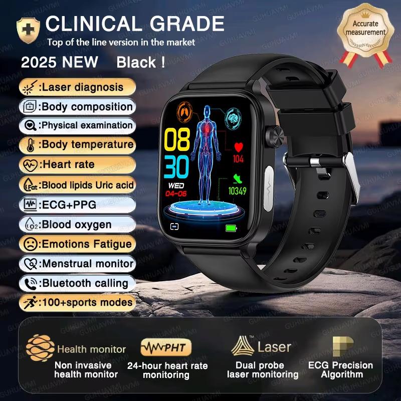 2025 Neue EKG+PPG KI Gesundheitsdiagnose Smartwatch Herren Damen Uhr Blutfett BD Harnsäure Herzfrequenz Tracker Black silicone belt von Joom DACH