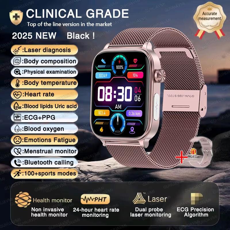 2025 Neue EKG+PPG KI Gesundheitsdiagnose Smartwatch Herren Damen Uhr Blutfett BD Harnsäure Herzfrequenz Tracker Pink-Mesh-Belt von Joom DACH