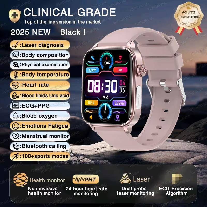 2025 Neue EKG+PPG KI Gesundheitsdiagnose Smartwatch Herren Damen Uhr Blutfett BD Harnsäure Herzfrequenz Tracker Pink silicone belt von Joom DACH