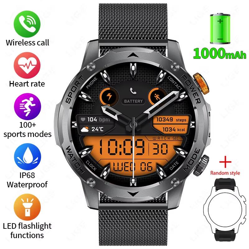 2025 Neue Militärische Edition Smartwatch Herren 1000mAh Akku 1,7-Zoll AMOLED HD Display Bluetooth Anruf Uhr Smartwatch LED Taschenlampe Mesh belt schwarz von Joom DACH