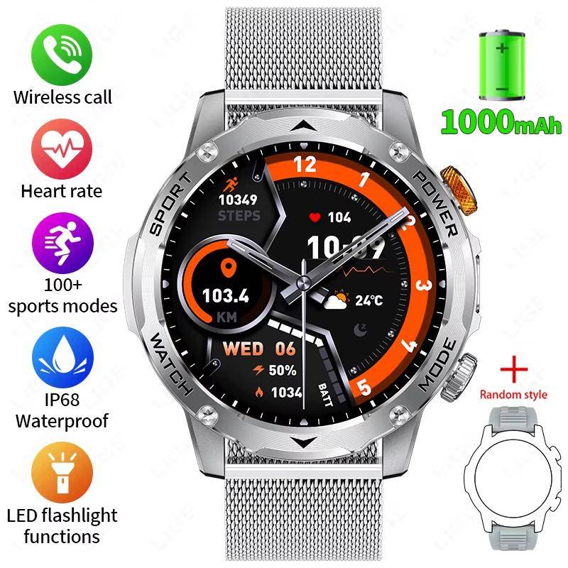 2025 Neue Militärische Edition Smartwatch Herren 1000mAh Akku 1,7-Zoll AMOLED HD Display Bluetooth Anruf Uhr Smartwatch LED Taschenlampe Mesh belt grau von Joom DACH