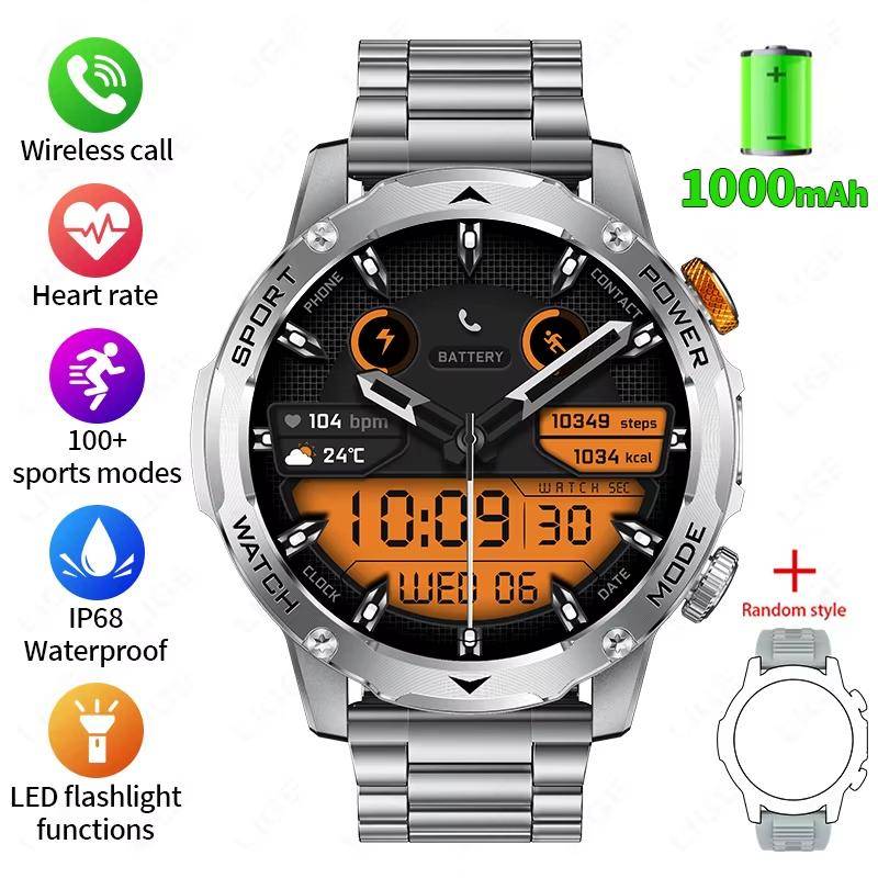 2025 Neue Militärische Edition Smartwatch Herren 1000mAh Akku 1,7-Zoll AMOLED HD Display Bluetooth Anruf Uhr Smartwatch LED Taschenlampe steel belt grau von Joom DACH