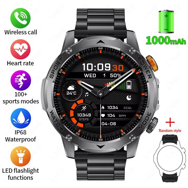 2025 Neue Militärische Edition Smartwatch Herren 1000mAh Akku 1,7-Zoll AMOLED HD Display Bluetooth Anruf Uhr Smartwatch LED Taschenlampe steel belt schwarz von Joom DACH