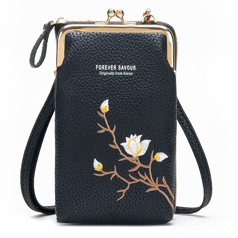 2025 Neue Mode PU Stickerei Blume Handy Tasche Kartenhalter Elegant Damen Mini Umhängetasche Handytasche Damen Lange Clutch Geldbörse Carteras 18*11*5CM schwarz von Joom DACH