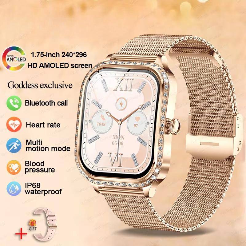 2025 Neue Mode Smart 1,75  HD Display Uhr Damen AMOLED Gebogener Bildschirm IP68 Wasserdicht Gesundheit Anruf Smartwatch Apple Watch Damen für Damen Geschenk Mesh Belt gold von Joom DACH