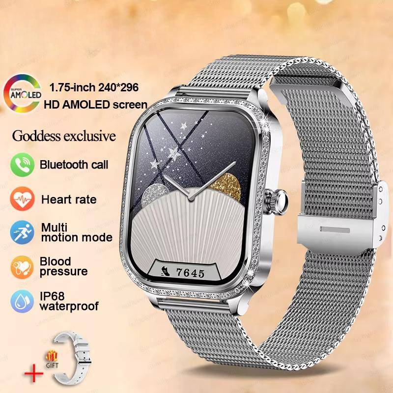2025 Neue Mode Smart 1,75  HD Display Uhr Damen AMOLED Gebogener Bildschirm IP68 Wasserdicht Gesundheit Anruf Smartwatch Apple Watch Damen für Damen Geschenk Mesh Belt silber von Joom DACH