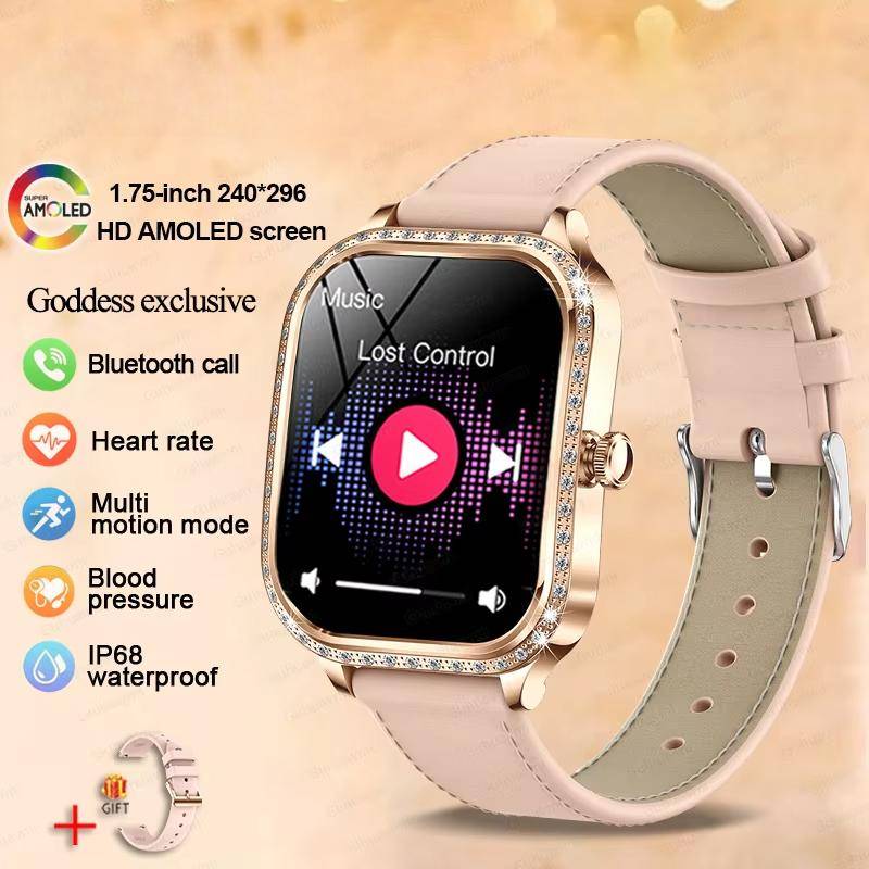 2025 Neue Mode Smart 1,75  HD Display Uhr Damen AMOLED Gebogener Bildschirm IP68 Wasserdicht Gesundheit Anruf Smartwatch Apple Watch Damen für Damen Geschenk leather Belt rosa von Joom DACH