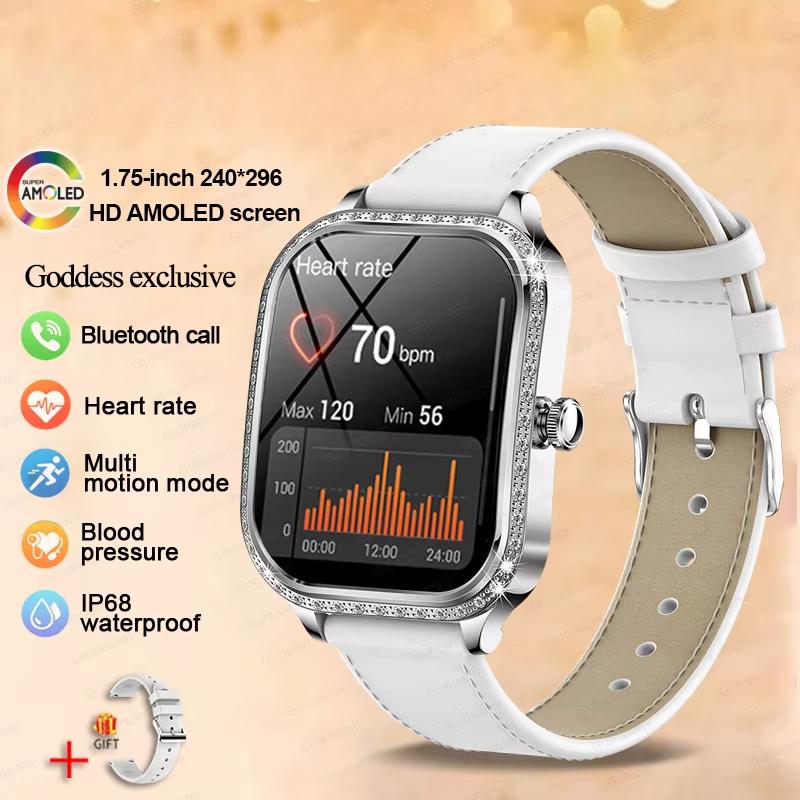2025 Neue Mode Smart 1,75  HD Display Uhr Damen AMOLED Gebogener Bildschirm IP68 Wasserdicht Gesundheit Anruf Smartwatch Apple Watch Damen für Damen Geschenk leather Belt silber von Joom DACH