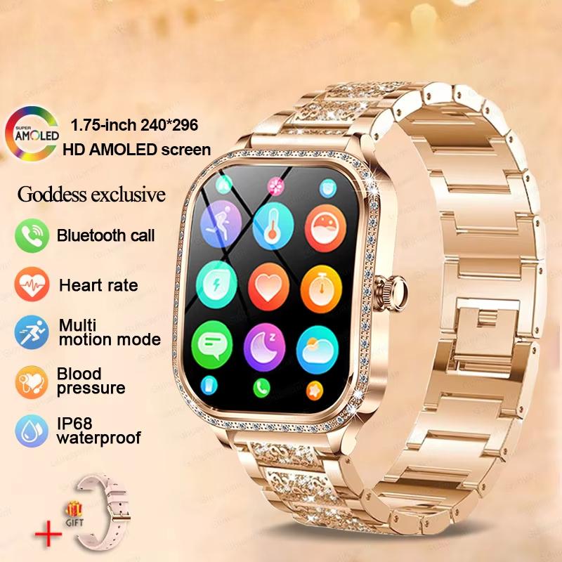 2025 Neue Mode Smart 1,75  HD Display Uhr Damen AMOLED Gebogener Bildschirm IP68 Wasserdicht Gesundheit Anruf Smartwatch Apple Watch Damen für Damen Geschenk steel Belt gold von Joom DACH