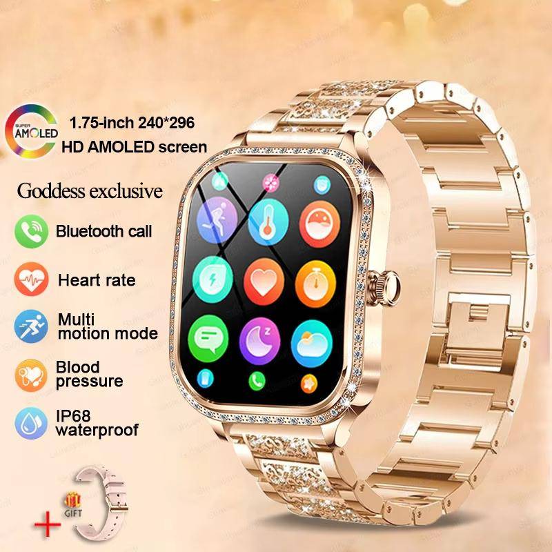 2025 Neue Mode Smart 1,75  HD Display Uhr Damen AMOLED Gebogener Bildschirm IP68 Wasserdicht Gesundheit Anruf Smartwatch Apple Watch Damen für Damen Geschenk steel Belt gold von Joom DACH