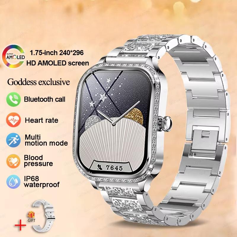 2025 Neue Mode Smart 1,75  HD Display Uhr Damen AMOLED Gebogener Bildschirm IP68 Wasserdicht Gesundheit Anruf Smartwatch Apple Watch Damen für Damen Geschenk steel Belt silber von Joom DACH