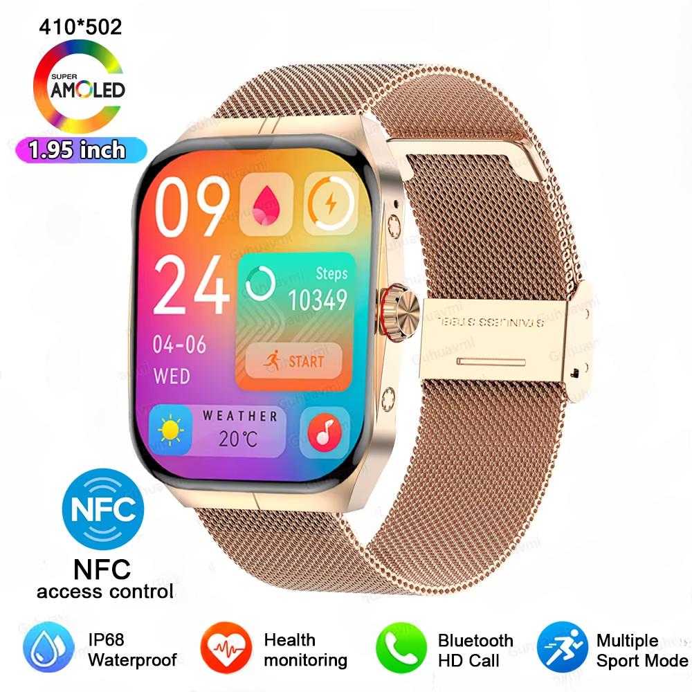 2025 Neue NFC Smartwatch AMOLED Bildschirm Zeigt immer die Zeit Bluetooth Anruf Serie 9 Uhr Benutzerdefiniertes Zifferblatt Herren Sport Gesundheit Damen Smartwatch Mesh Belt gold von Joom DACH