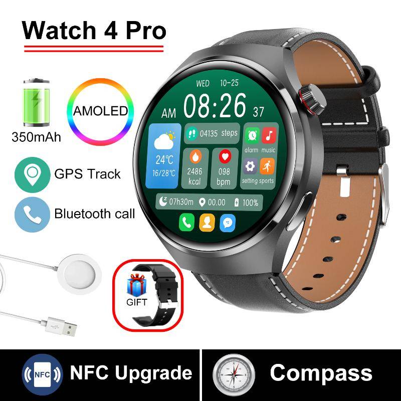 2025 Neue WATCH 4 Pro Gesundheits-Smartwatch Herren 360*360 AMOLED-Bildschirm NFC GPS-Tracker Kompass BT-Anruf Blutsauerstoff IP68 Sport-Smartwatch Leather belt schwarz von Joom DACH