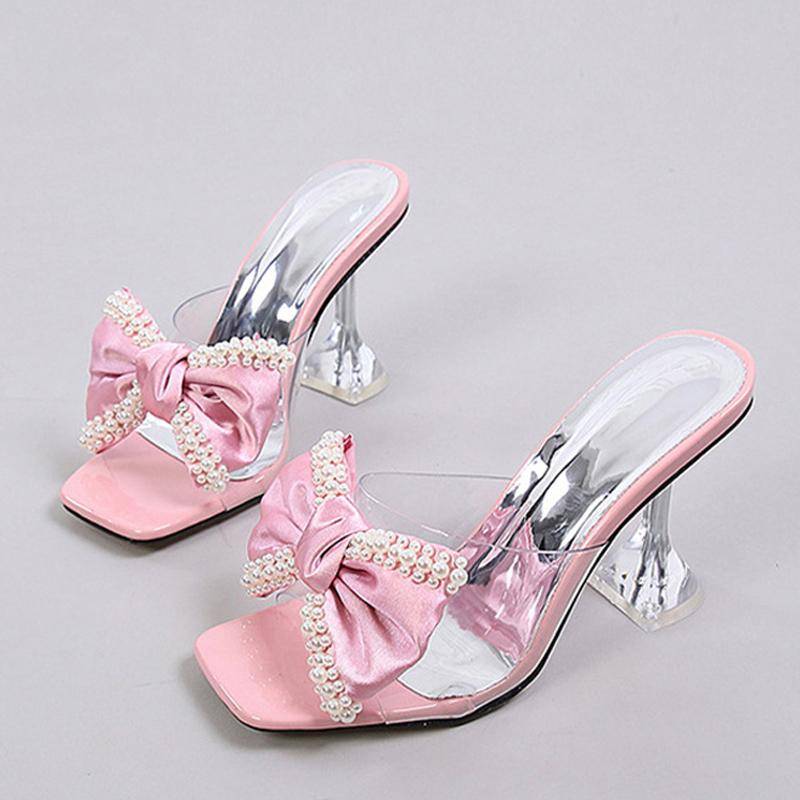 2025 Neuer Stil Rosa Damen Hausschuhe Sandalen Mode Perle Schleife Hohe Absätze PVC Transparente Schuhe Sommer Pantoletten Slides Pumps 46 rosa von Joom DACH