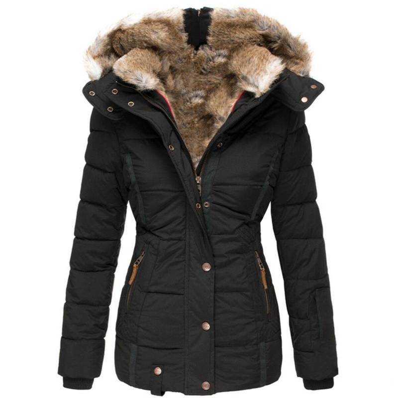 2025 Neuer Winter Warmer Pelzkragen Baumwollmantel Damen Reißverschluss Langarm Slim Parkajacke W128 XXL schwarz von Joom DACH