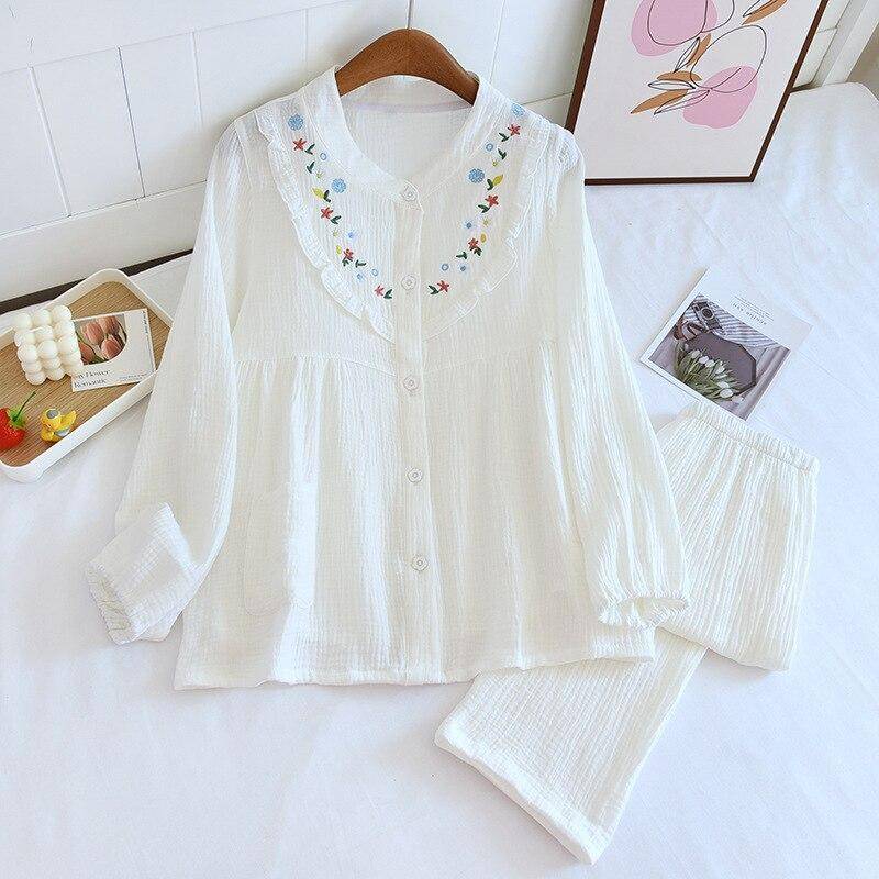 2025 Neues Pyjama-Set für Damen im Frühjahr und Herbst, 100 % Baumwollkrepp, Stickerei, Heimanzug, lange Ärmel, lange Hosen, dünnes Set in großer Größe M weiß von Joom DACH