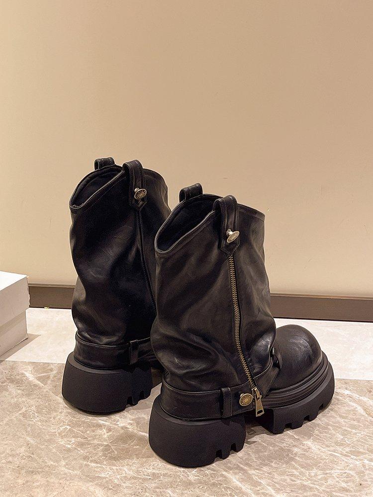 2025 PU-Leder Frühling Runde Zehenschuhe Motorradstiefel Damen Stiefeletten Damenmode Schaft Herbst Mokassins 38 schwarz von Joom DACH