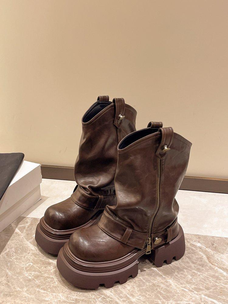 2025 PU-Leder Frühling Runde Zehenschuhe Motorradstiefel Damen Stiefeletten Damenmode Schaft Herbst Mokassins 36 braun von Joom DACH