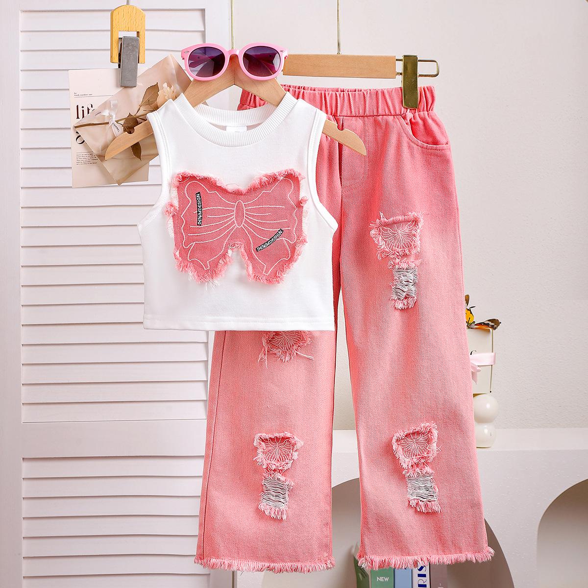 2025 Sommer 4-6 Jahre Streetwear Mädchen Sets Ärmellose Schmetterlingsweste+Pinke Cowboy Nieten Patch Hose 2-teiliges Set 4Y rosa von Joom DACH