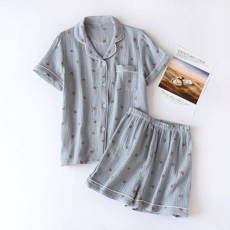 2025 Sommer Damen Kurzarm Shorts Pyjama Set 100% Baumwolle Krepp Tuch Dünne Home Service Zwei-stück Frühling Und Herbst Lose XL von Joom DACH