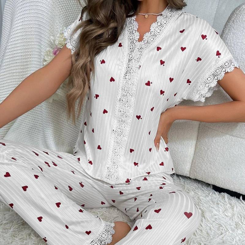 2025 Sommer Damen Pyjama Set mit Kirschmuster, Spitzenbesatz, kurzärmliges Oberteil mit Knopfleiste vorne und lange Hose, 2-teilig, Nachtwäsche, Nachtwäsche, Homewear XXL von Joom DACH
