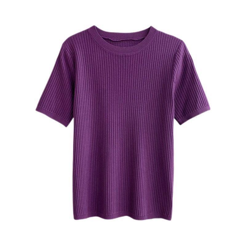 2025 Sommer Slim Fit Damen Strickpullover mit kurzen Ärmeln und Rundhalsausschnitt 2XL violett von Joom DACH