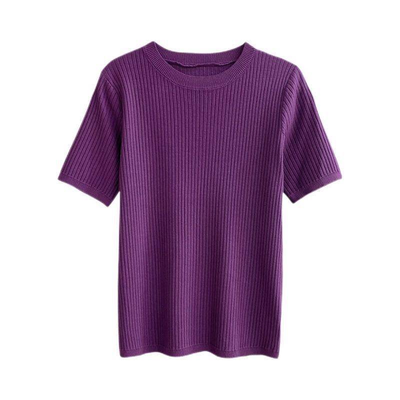 2025 Sommer Slim Fit Damen Strickpullover mit kurzen Ärmeln und Rundhalsausschnitt 2XL violett von Joom DACH