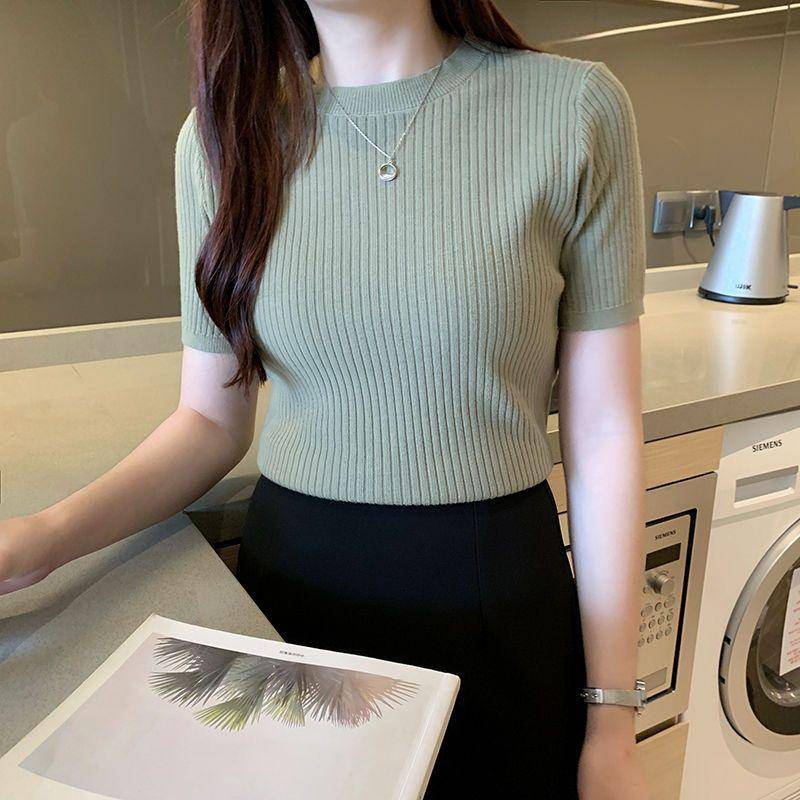2025 Sommer Slim Fit Damen Strickpullover mit kurzen Ärmeln und Rundhalsausschnitt grün von Joom DACH