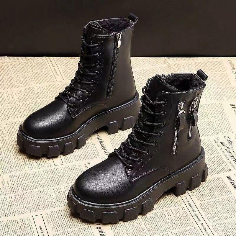 2025 Stiefel Damenschuhe Gepolstertes Leder Damenstiefel Winter Große Größe 35-41 Baumwollschuhe Höhe Dicke Sohle Halbwadenstiefel Damen 35 von Joom DACH