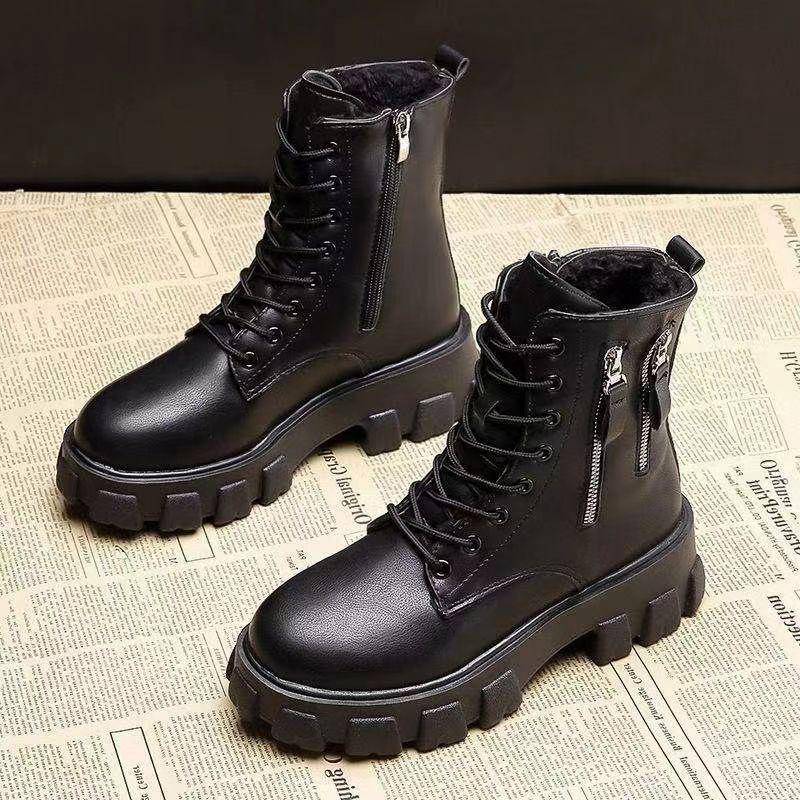 2025 Stiefel Damenschuhe Gepolstertes Leder Damenstiefel Winter Große Größe 35-41 Baumwollschuhe Höhe Dicke Sohle Halbwadenstiefel Damen 35 von Joom DACH