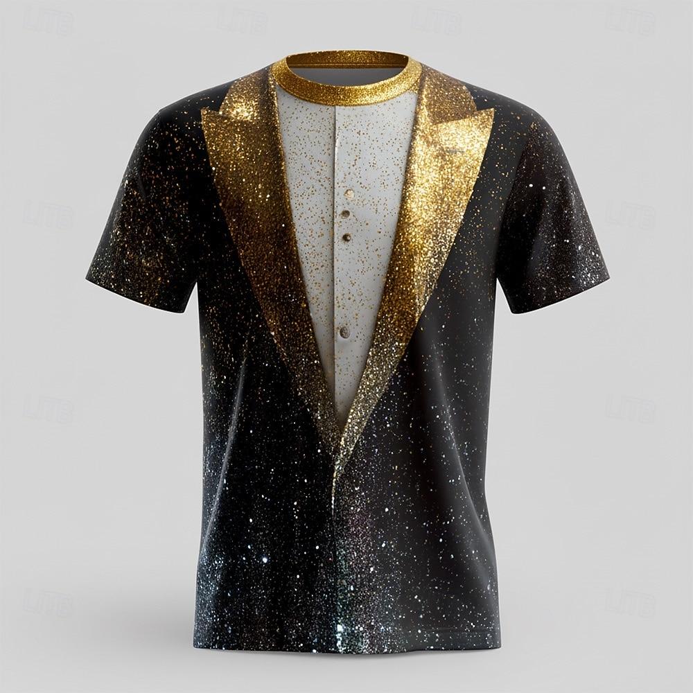 2025 Weihnachten Goldener Smoking 3D T-Shirt für Herren, Lustiger Glitzernder Anzug-Stil, Feiertags-Party-Outfit für Weihnachtsfeier oder Feier 6XL von Joom DACH
