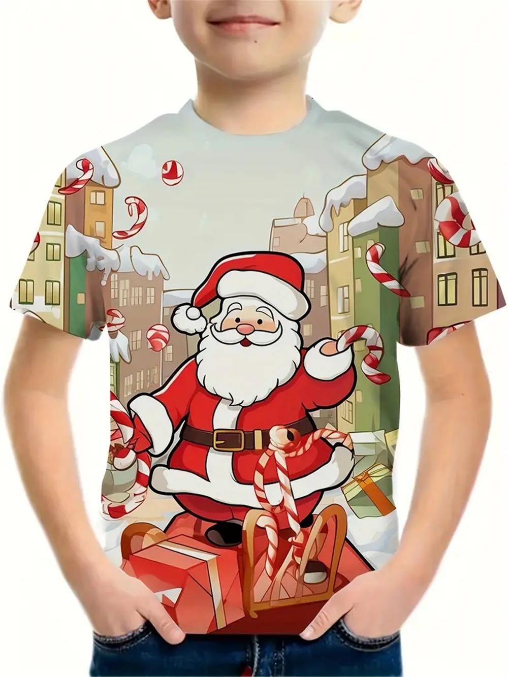 2025 Weihnachtskleidung Jungen Mädchen T-Shirts Neujahrs-T-Shirts Weihnachtsmann bedruckt lässige Kinderkleidung Top T-Shirt 130 von Joom DACH