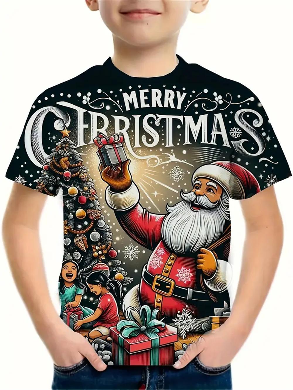 2025 Weihnachtskleidung Jungen Mädchen T-Shirts Neujahrs-T-Shirts Weihnachtsmann bedruckt lässige Kinderkleidung Top T-Shirt 130 von Joom DACH