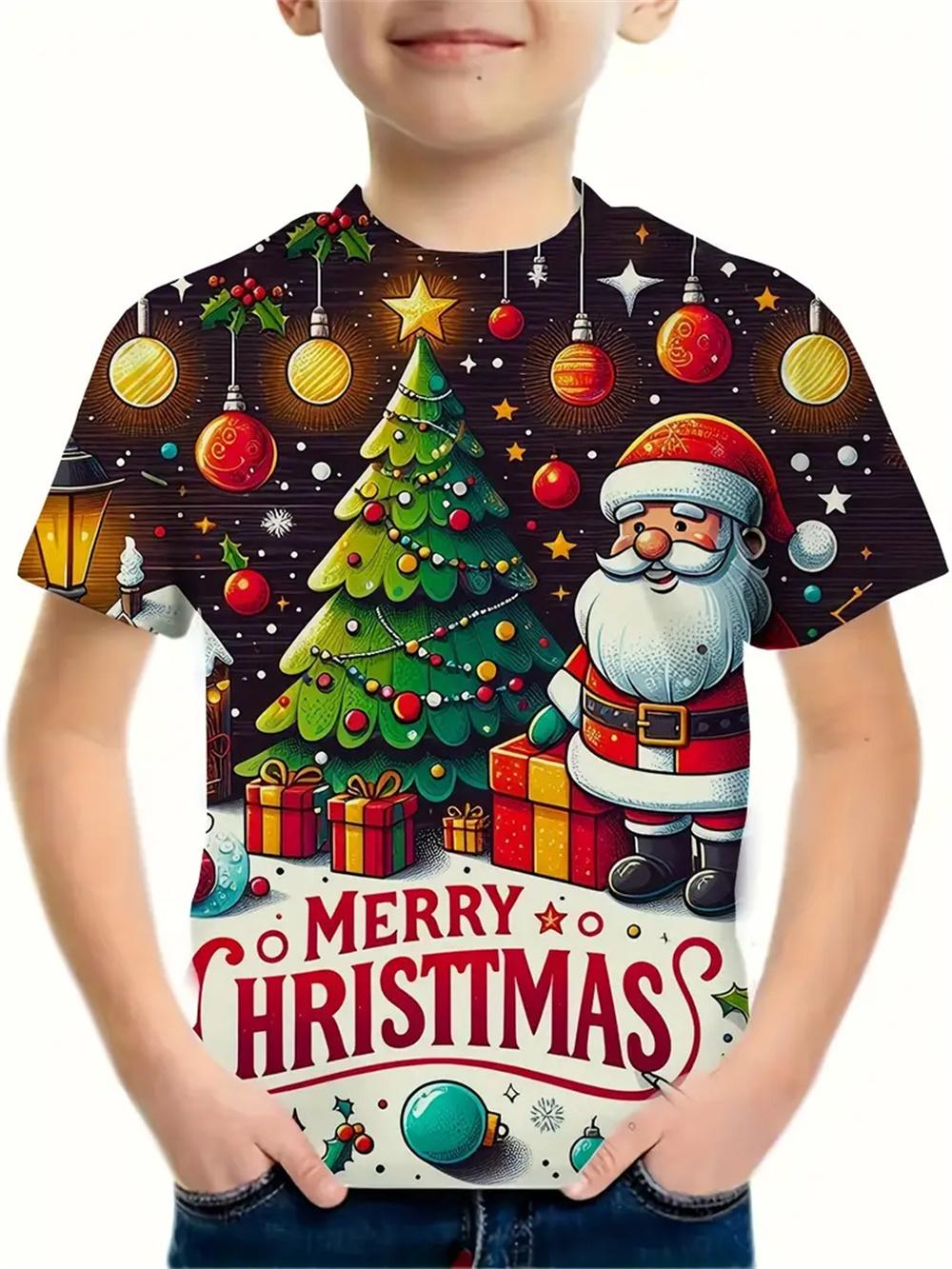 2025 Weihnachtskleidung Jungen Mädchen T-Shirts Neujahrs-T-Shirts Weihnachtsmann bedruckt lässige Kinderkleidung Top T-Shirt 140 von Joom DACH