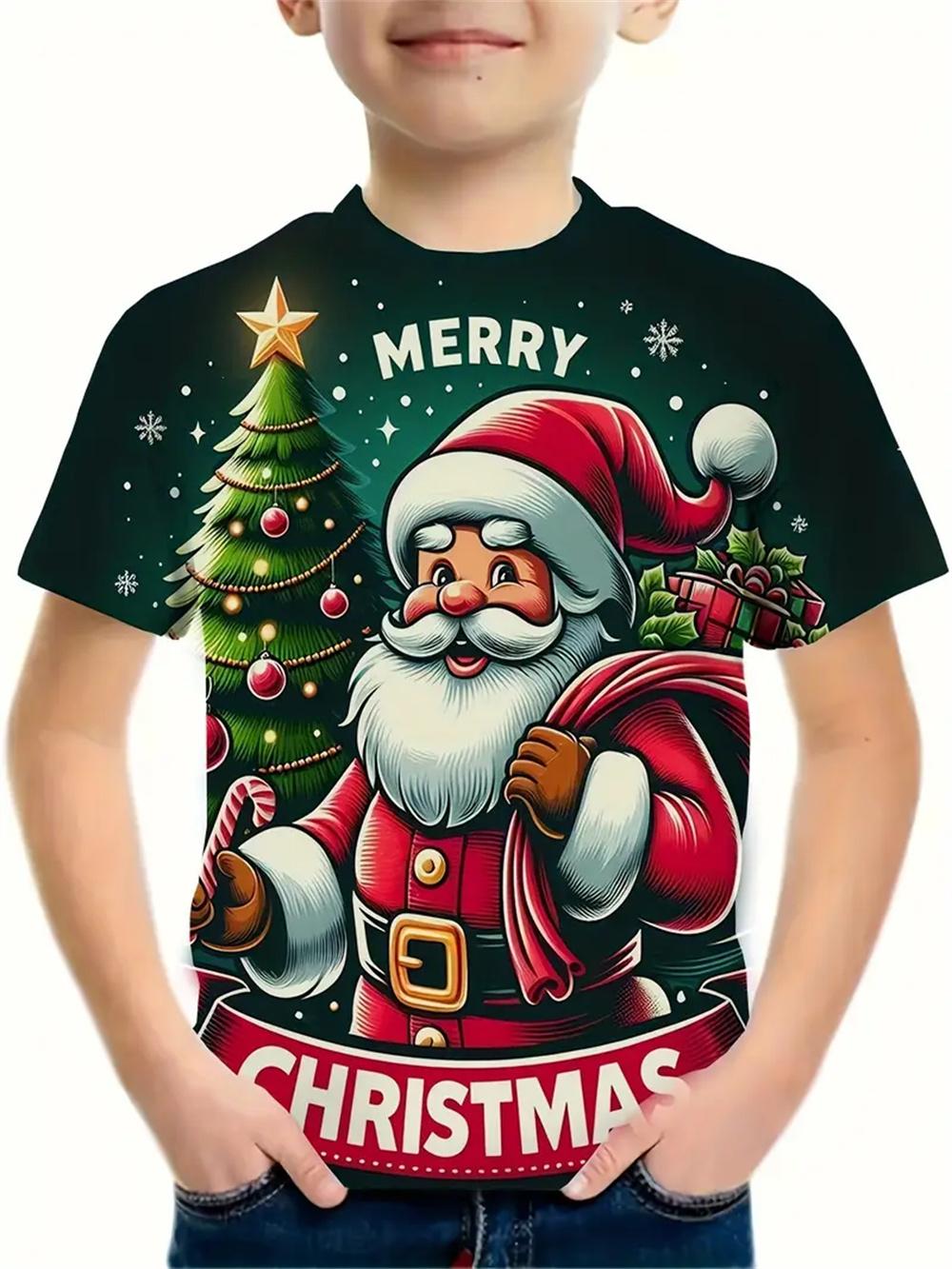 2025 Weihnachtskleidung Jungen Mädchen T-Shirts Neujahrs-T-Shirts Weihnachtsmann bedruckt lässige Kinderkleidung Top T-Shirt 150 von Joom DACH