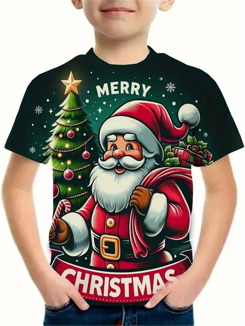 2025 Weihnachtskleidung Jungen Mädchen T-Shirts Neujahrs-T-Shirts Weihnachtsmann bedruckt lässige Kinderkleidung Top T-Shirt 150 von Joom DACH