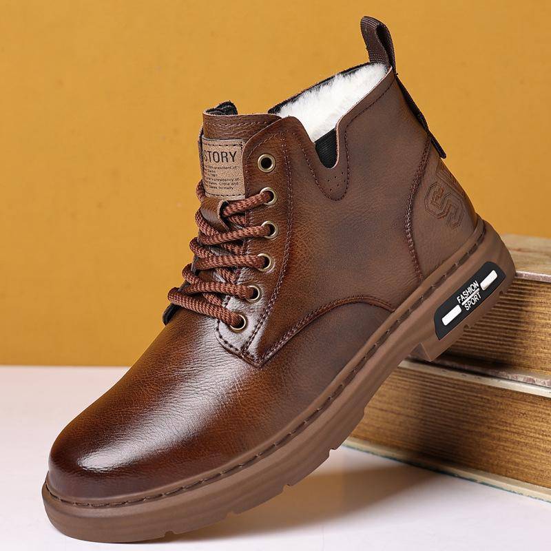 2025 Winter Echtleder Schuhe Herren Schneestiefel Warm Plüsch Flach Marke Herren Stiefeletten Schwarz Braun Rutschfest 42 braun von Joom DACH