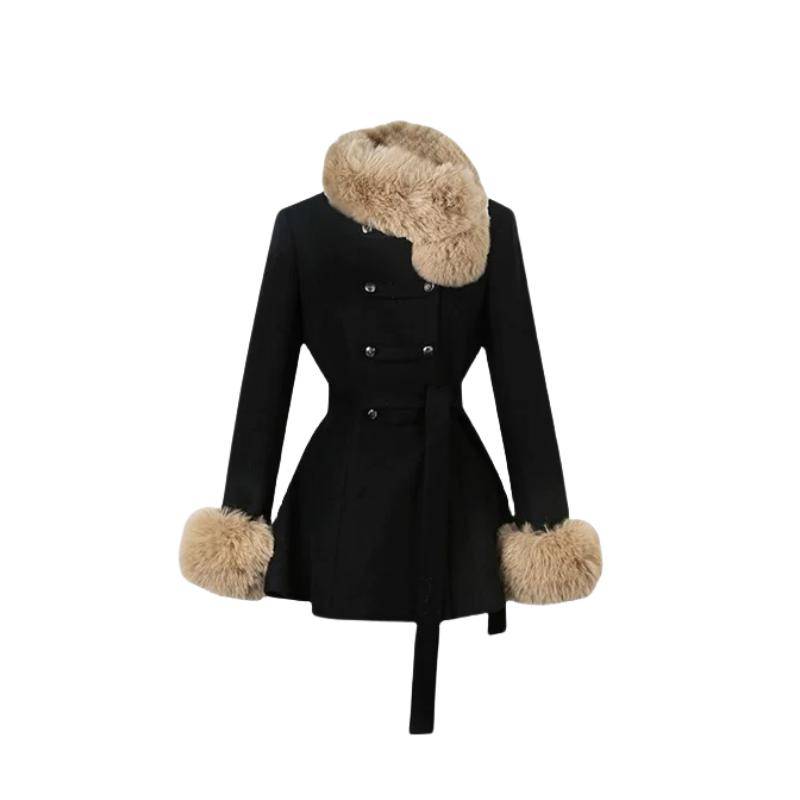 2025 Winter Französisch Vintage Elegant Wollmantel Frau Schwarz Schick Schal Umhang + Retro Locker Trenchcoat Damen Bandage Korea Modedesign Outfits S schwarz von Joom DACH