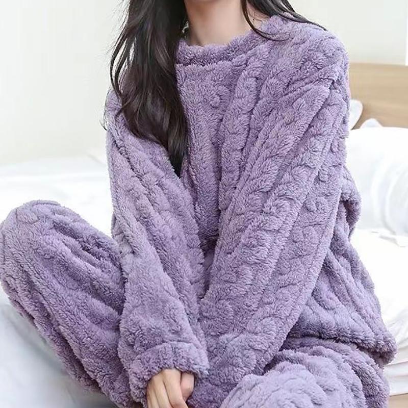 2025 herbst Frauen Feste Warme 2 Stück Sets Verdicken Samt Rippen Fleece Set Pullover Und Hosen Frauen Casual Pyjama Sets One Size violett von Joom DACH