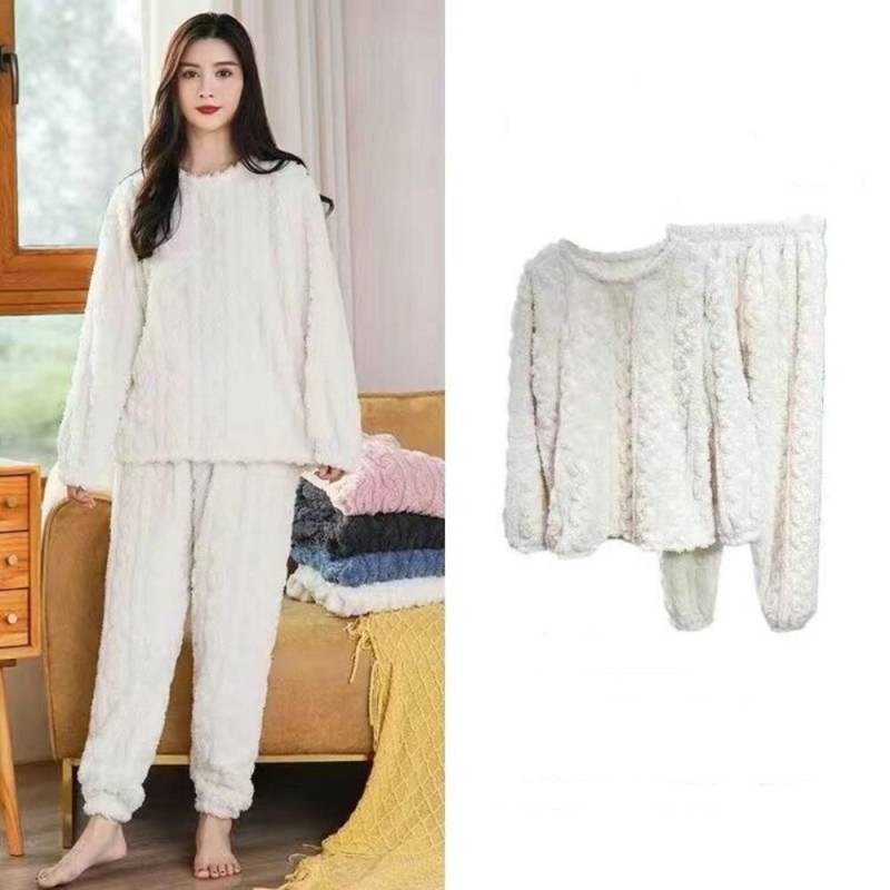 2025 herbst Frauen Feste Warme 2 Stück Sets Verdicken Samt Rippen Fleece Set Pullover Und Hosen Frauen Casual Pyjama Sets One Size weiß von Joom DACH