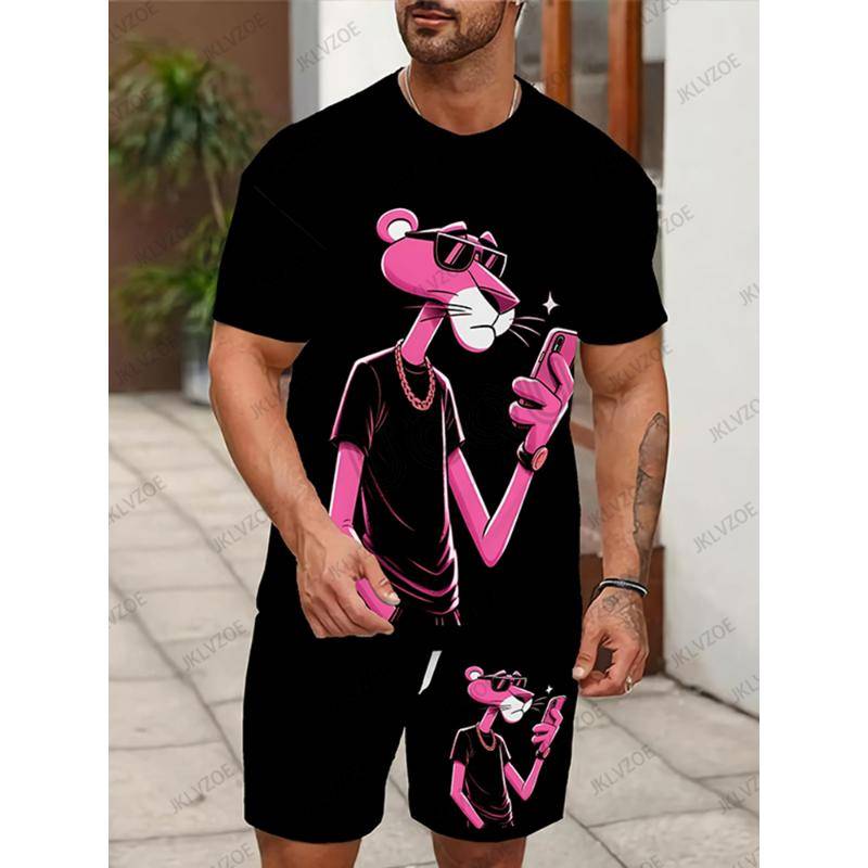 2025 neue herren Trainingsanzug Sets Rosa Panther Kurzarm T-Shirt Anzug Casual Anzug Sport Streetwear Shorts 2 Stück Männlichen Kleidung 3XL von Joom DACH