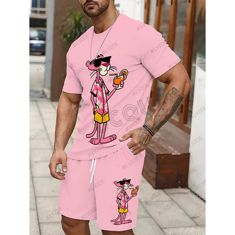 2025 neue herren Trainingsanzug Sets Rosa Panther Kurzarm T-Shirt Anzug Casual Anzug Sport Streetwear Shorts 2 Stück Männlichen Kleidung 3XL von Joom DACH