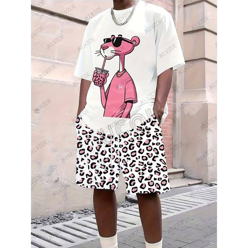 2025 neue herren Trainingsanzug Sets Rosa Panther Kurzarm T-Shirt Anzug Casual Anzug Sport Streetwear Shorts 2 Stück Männlichen Kleidung 4XL von Joom DACH