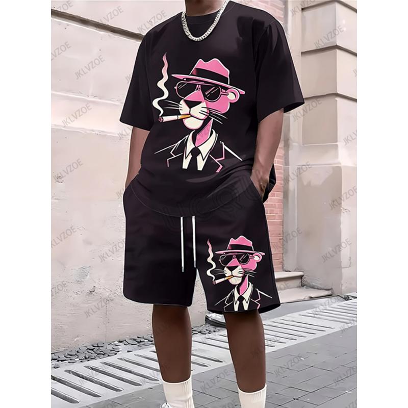2025 neue herren Trainingsanzug Sets Rosa Panther Kurzarm T-Shirt Anzug Casual Anzug Sport Streetwear Shorts 2 Stück Männlichen Kleidung 6XL von Joom DACH