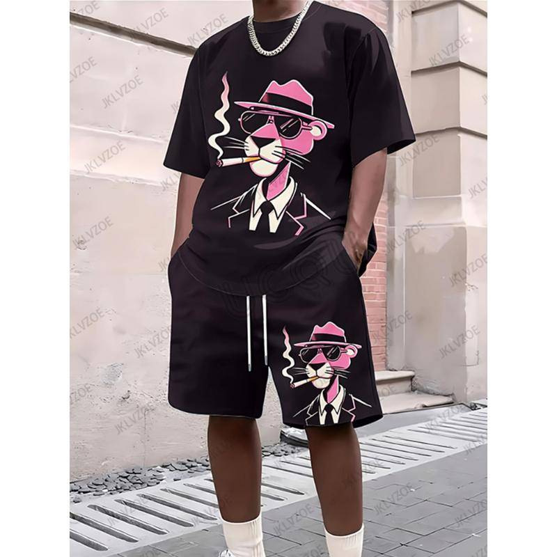 2025 neue herren Trainingsanzug Sets Rosa Panther Kurzarm T-Shirt Anzug Casual Anzug Sport Streetwear Shorts 2 Stück Männlichen Kleidung 6XL von Joom DACH
