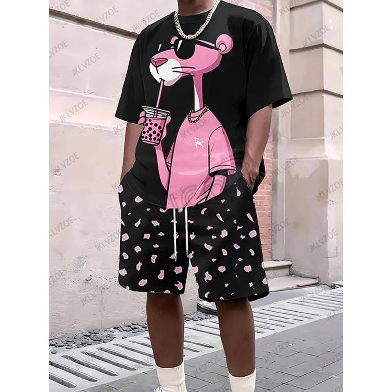 2025 neue herren Trainingsanzug Sets Rosa Panther Kurzarm T-Shirt Anzug Casual Anzug Sport Streetwear Shorts 2 Stück Männlichen Kleidung XL von Joom DACH