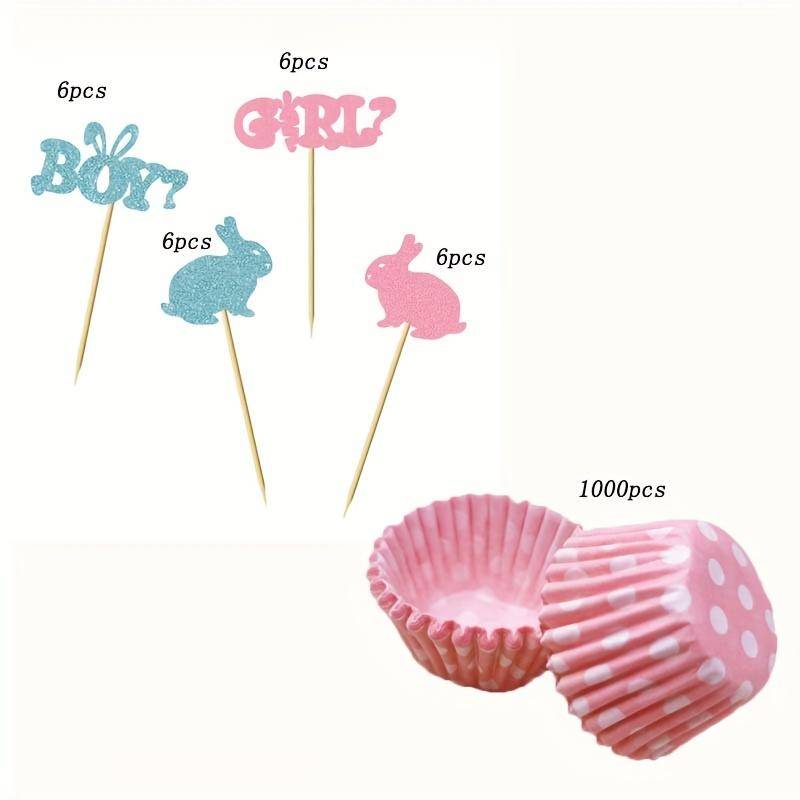 24 Stück Cupcake-Topper für Jungen und Mädchen, blau-rosa Häschen, Party-Dekoration zur Enthüllung des Geschlechts des Babys, Osterthema, Kucheneinlegekarte und 1.000 Kuchenbecher. rosa von Joom DACH