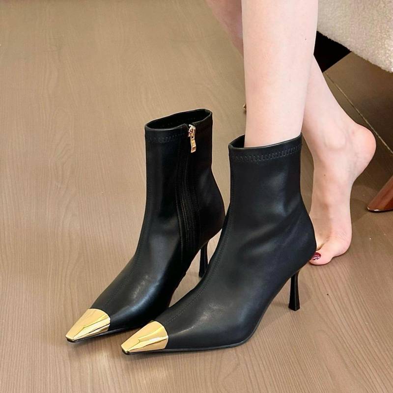24X1 hochhackige Stiefeletten Damen 2025 neu Herbst und Winter Metall eckige Spitze schwarz Mode dünner Absatz französisches Temperament High Heels 40 von Joom DACH