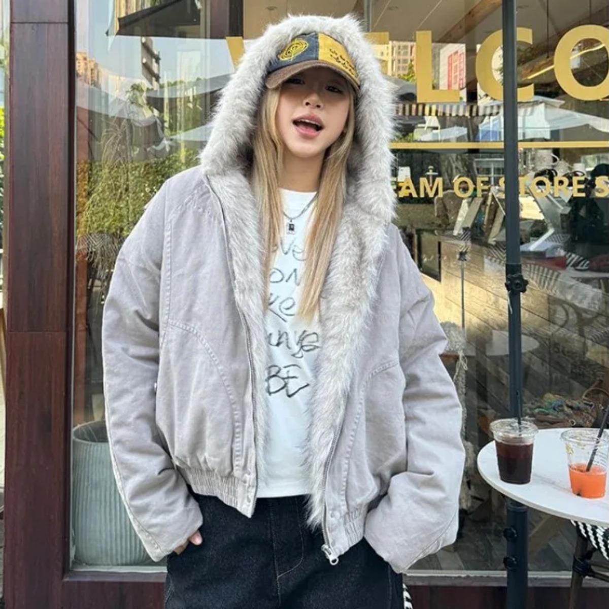 2KWEIRD Amerikanische Retro Jacke mit Fellkragen und Kapuze für Damen Y2K Streetwear Winter Neu Samtverdickt Warm Harajuku Locker Lässige Jacke S von Joom DACH