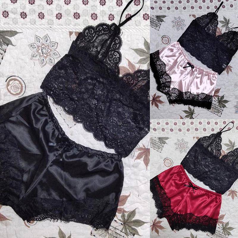 2PCS Damen Spitze Nachtwäsche Dessous Tops Shorts Set Babydoll Pyjamas Nachtwäsche XXL rot von Joom DACH